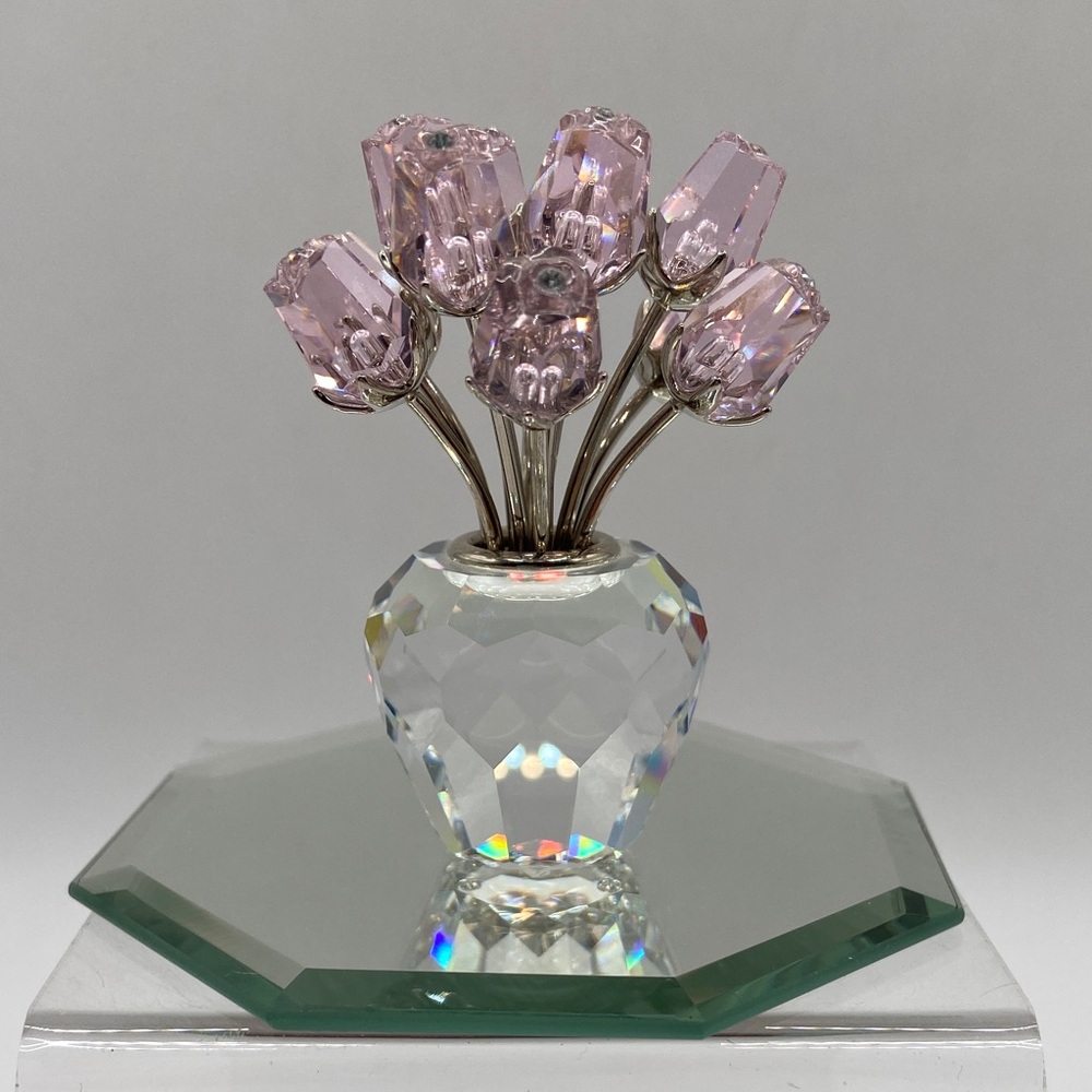Vintage Swarovski Crystal A Dozen Pink Roses With Mirror Base